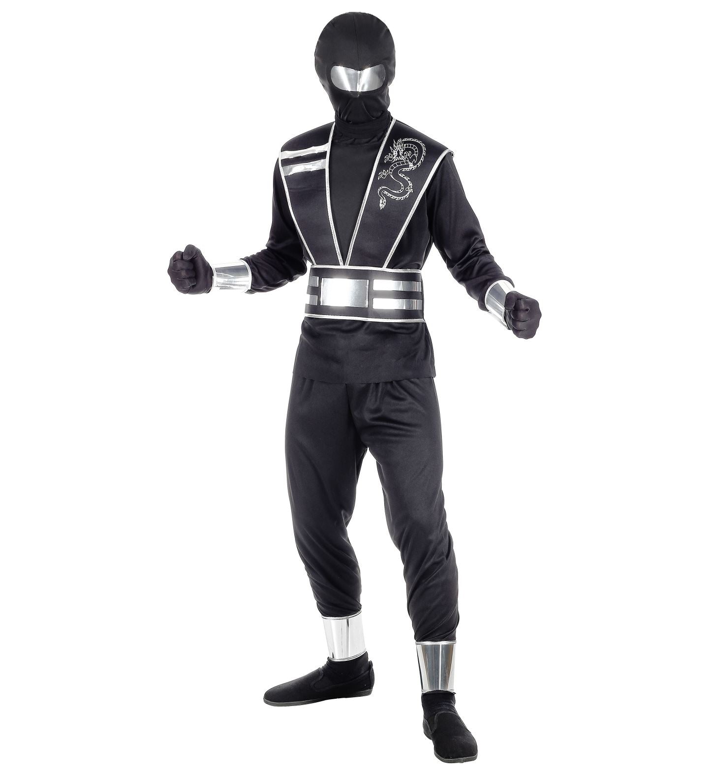 A full front view of the Kids Mirror Ninja costume, showing the silver tabard, belt, arm guards, and leg guards.