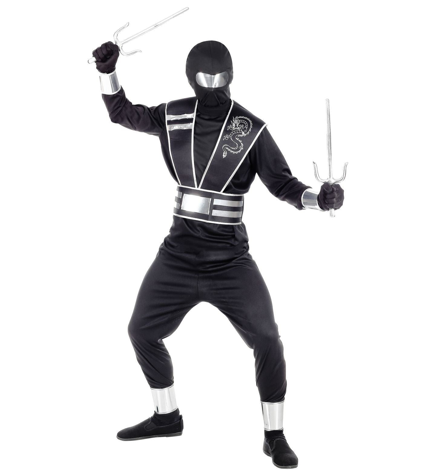 A child models the black and silver Mirror Ninja costume, holding two toy sai weapons in a ready stance.