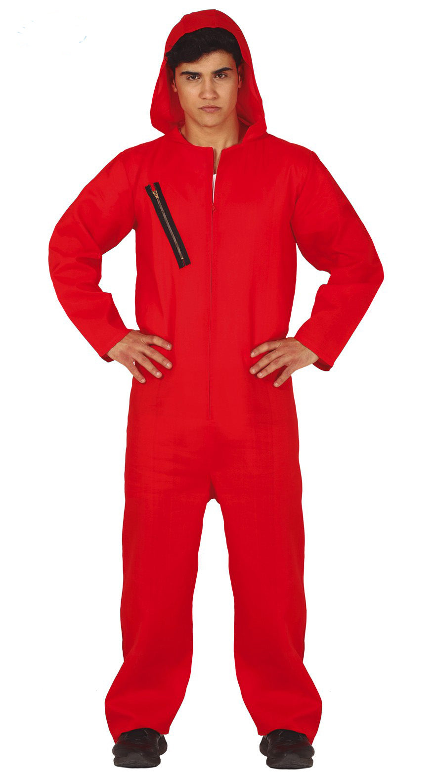 A man modeling an adult heist robber fancy dress costume, featuring a bright red long-sleeved jumpsuit with an attached hood, a central front zipper, and a black zipper detail on the right chest.