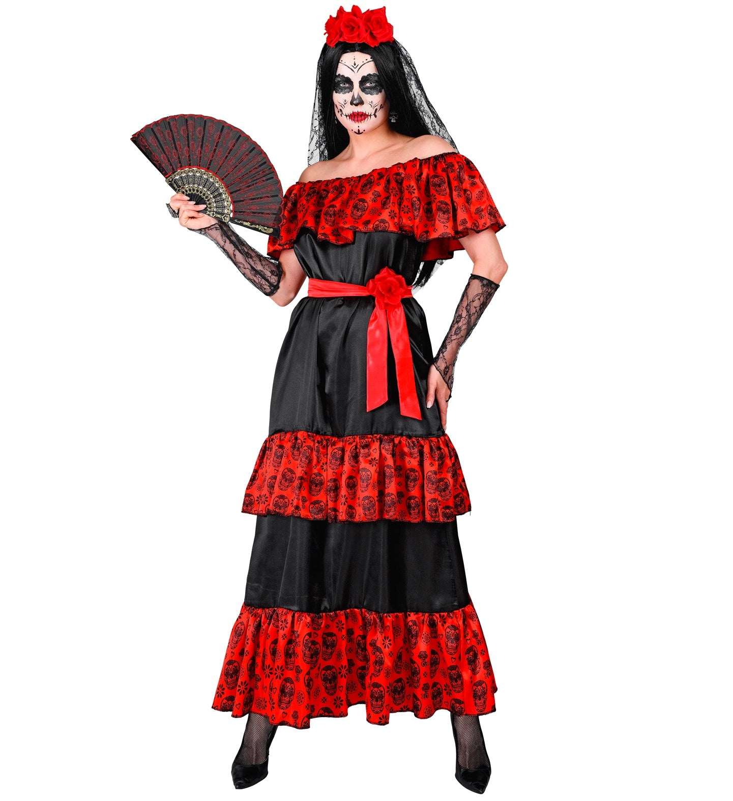 A woman models a stunning Dia de los Muertos costume, featuring a black and red tiered dress with sugar skull patterns, a red rose belt, lace gloves, and a flower veil headpiece, viewed from front and back.