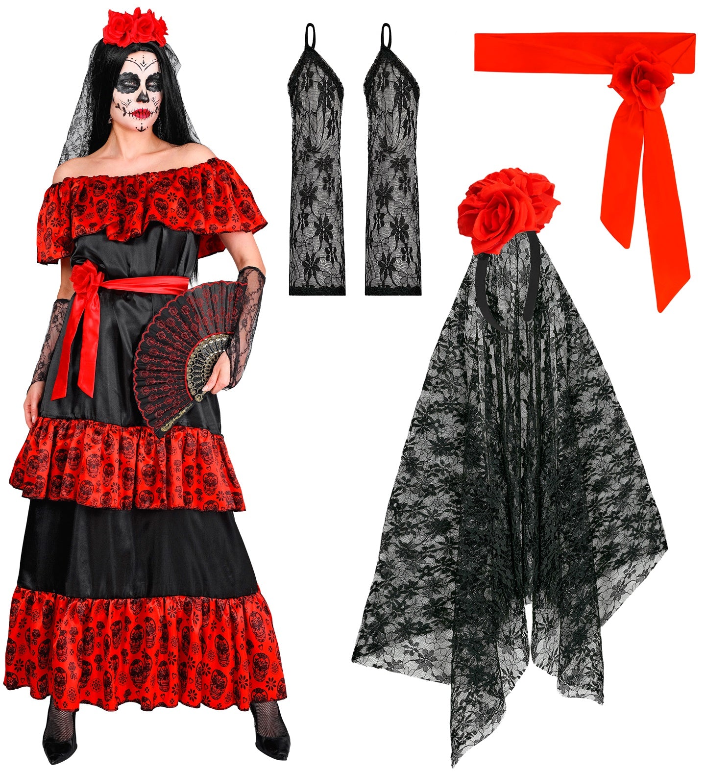 A collage showing a woman in the Dia de los Muertos costume alongside individual components: a rose belt, black lace fingerless gloves, and a black lace flower veil.