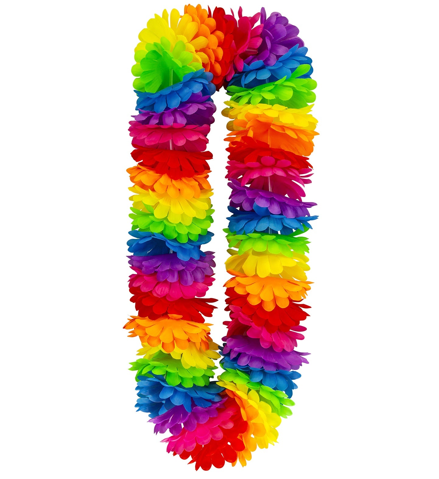 A single, brightly colored rainbow Hawaiian lei, made of numerous layered fabric petals in shades of red, orange, yellow, green, blue, and purple, displayed vertically against a white background.