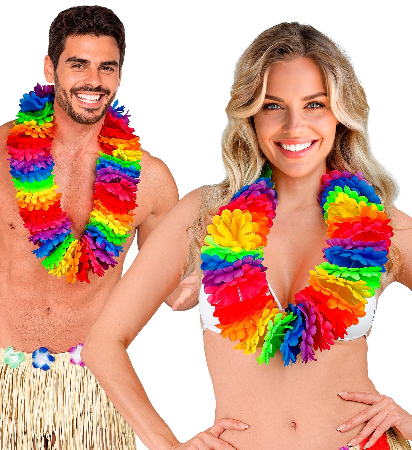 A man and woman, dressed in hula-style costumes, both adorned with a vibrant rainbow-colored Hawaiian lei around their necks, against a plain white background.