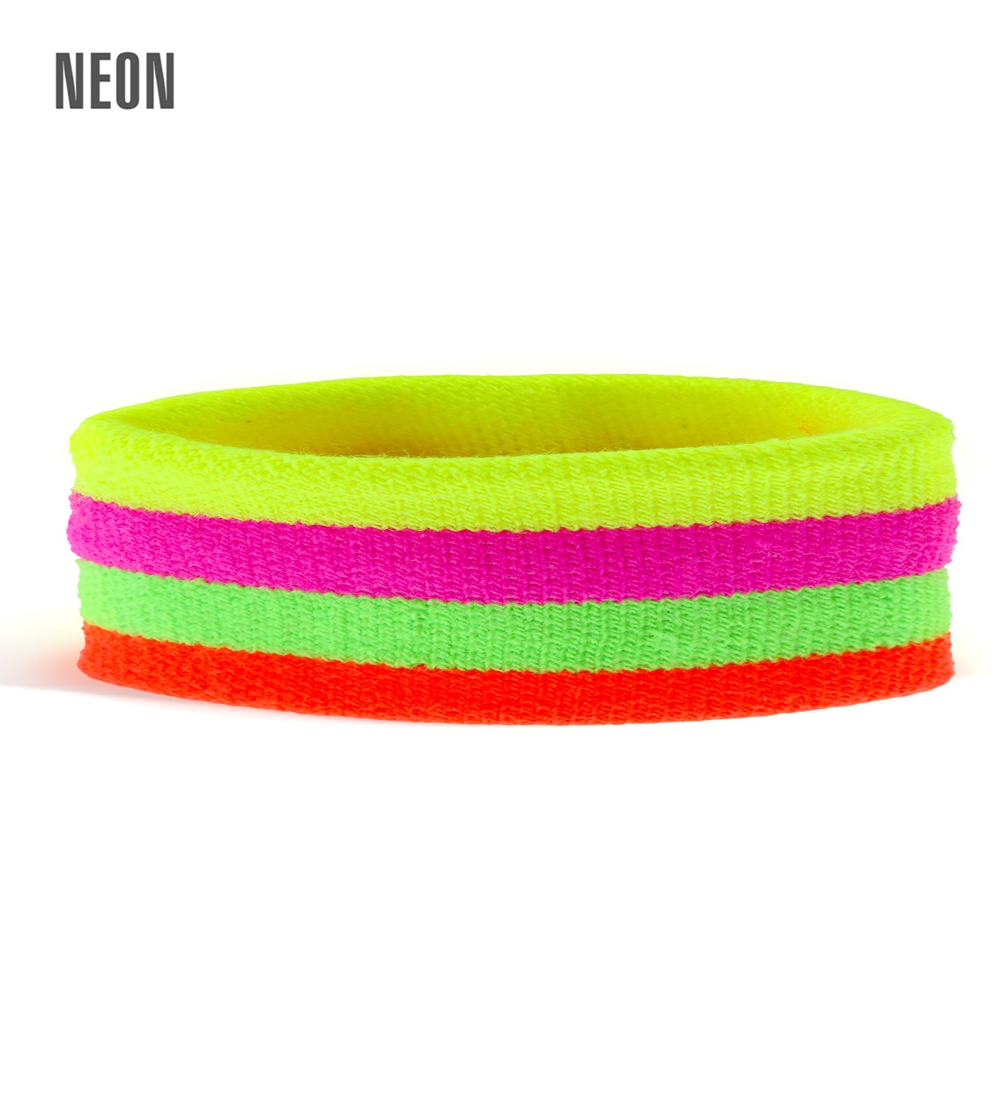A neon 80s sweatband with bright yellow, pink, green, and red stripes.