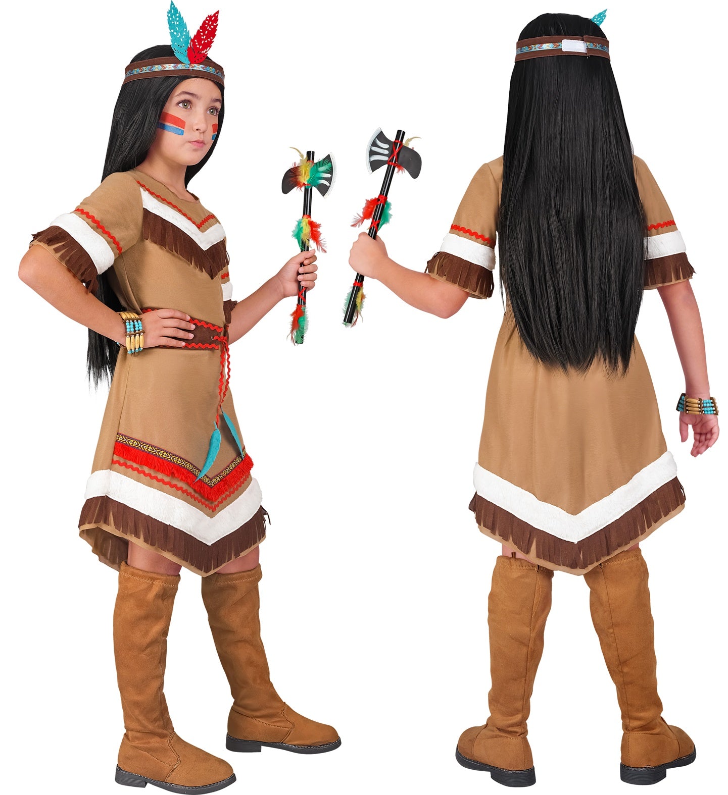 Child's Native American costume with headdress, dress, and boots on a white background