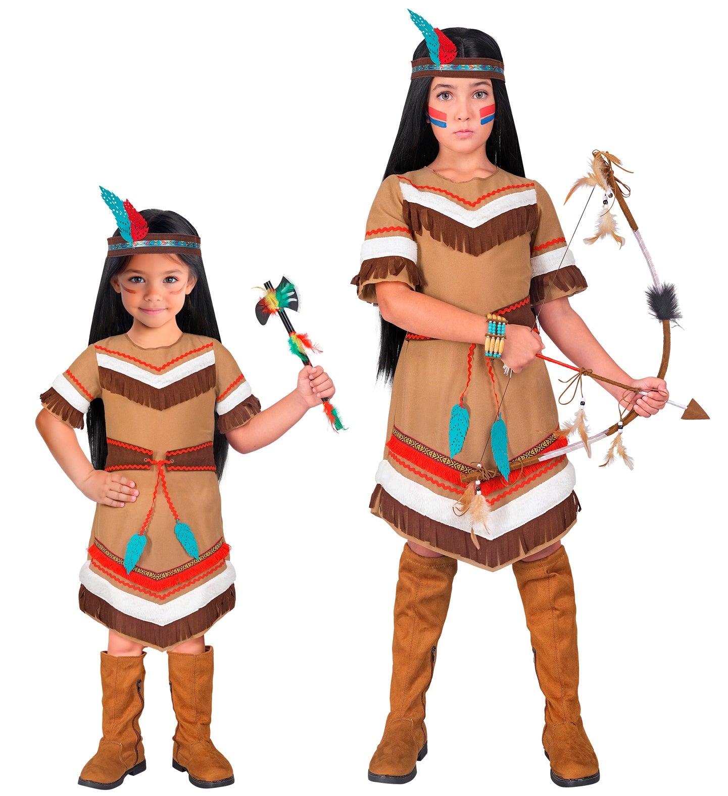 Two children in Native American-themed costumes with accessories on a white background