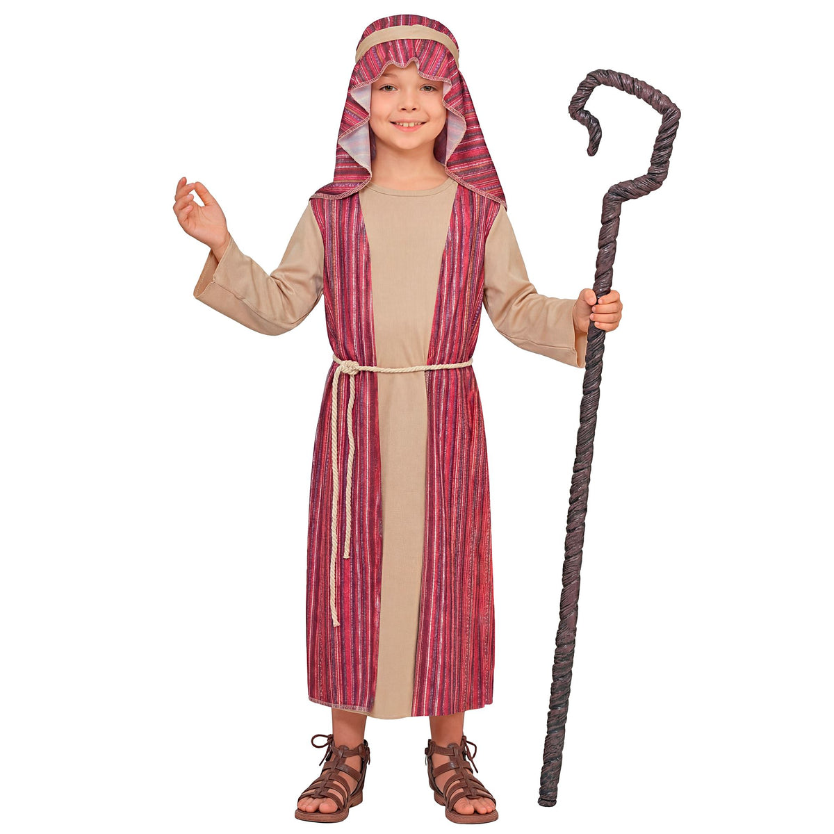 Child wearing a shepherd costume with a red and beige robe and holding a staff on a white background
