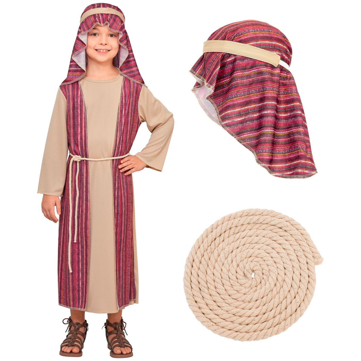 Child in a shepherd costume with a headdress and rope, on a white background