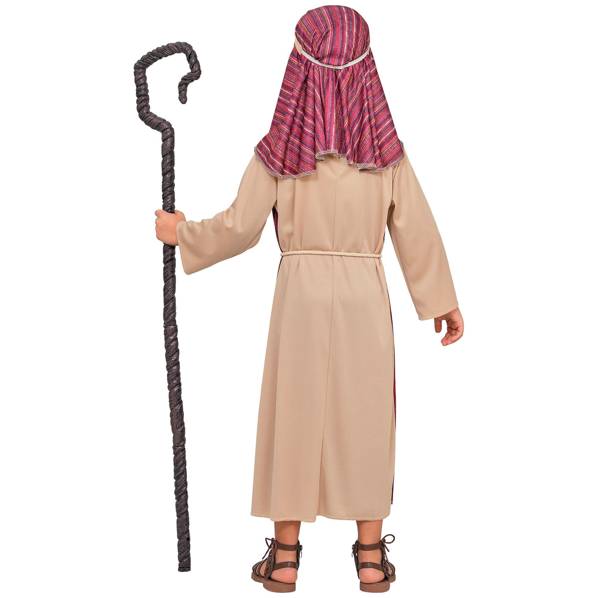 Person wearing a shepherd costume with a long robe and headscarf, holding a staff on a white background
