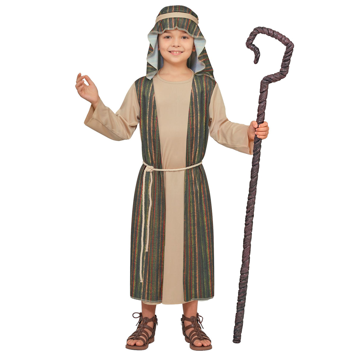 A child wearing a biblical shepherd costume, including a beige tunic, a green and brown striped robe, a matching headpiece, and holding a dark brown twisted staff, photographed against a solid white background.
