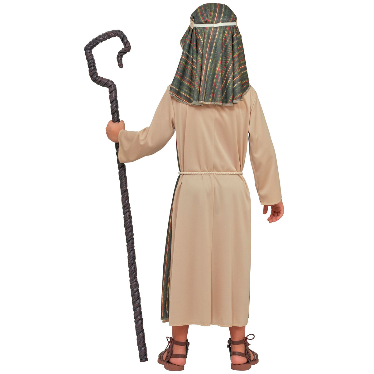 Back view of green shepherd costume showing full-length tunic and vest, child holding a shepherd's crook
