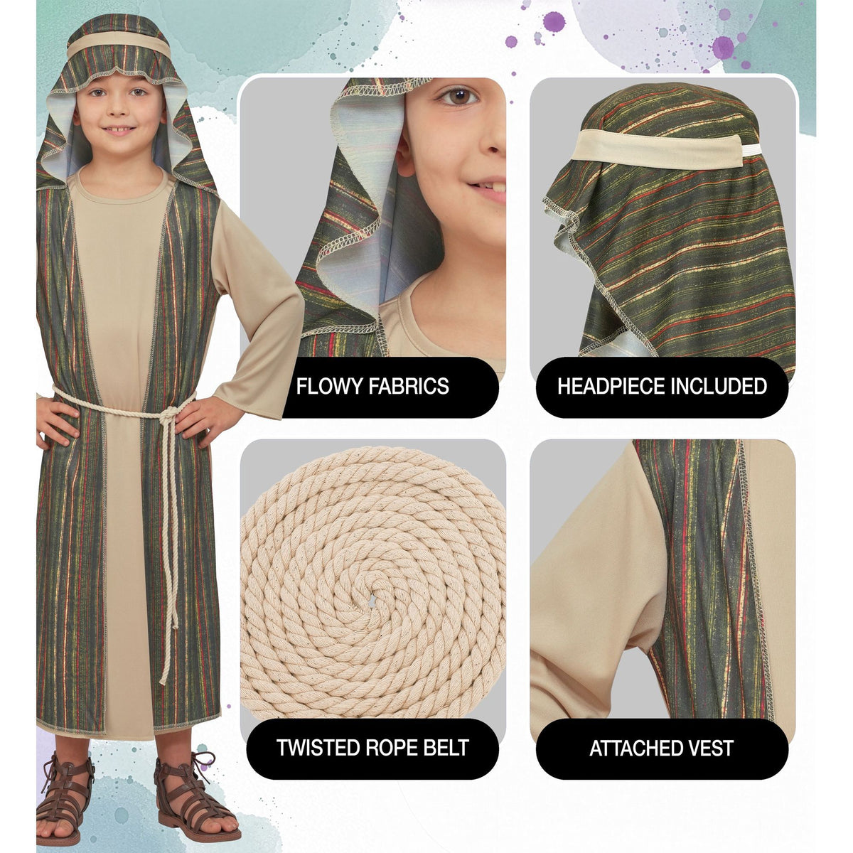 A child modeling a shepherd costume set with a beige tunic, striped robe, rope belt, and headpiece, shown alongside close-up feature panels labeled 'Flowy Fabrics,' 'Headpiece Included,' 'Twisted Rope Belt,' and 'Attached Vest.'.
