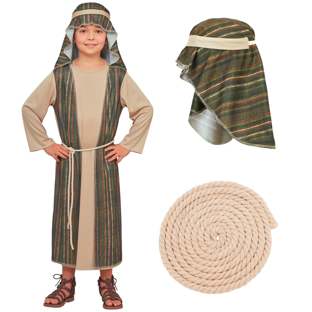 Front and side view of shepherd costume showing tunic, attached vest, headpiece and rope belt details