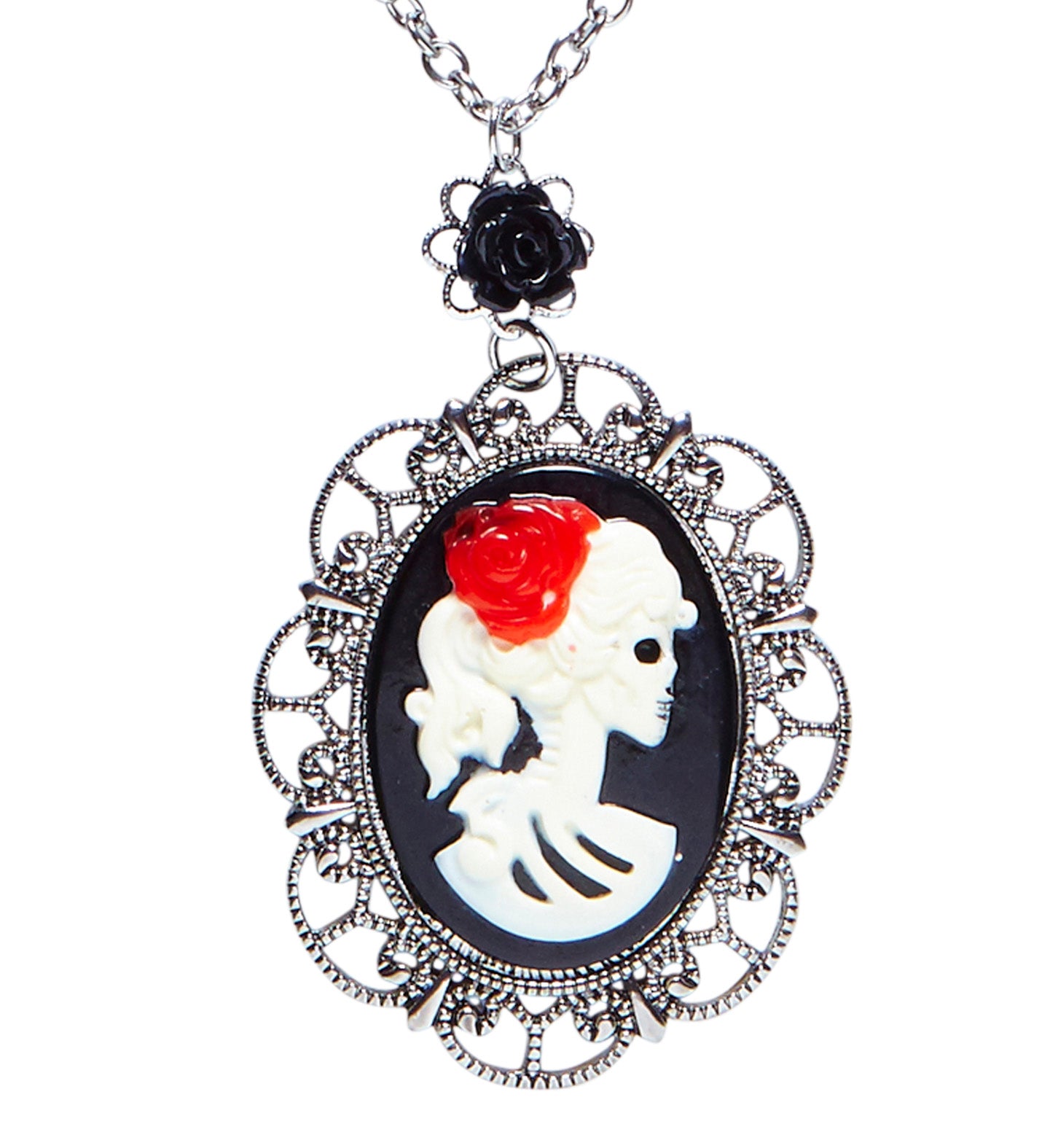 Necklace with Black Rose & Skull Cameo