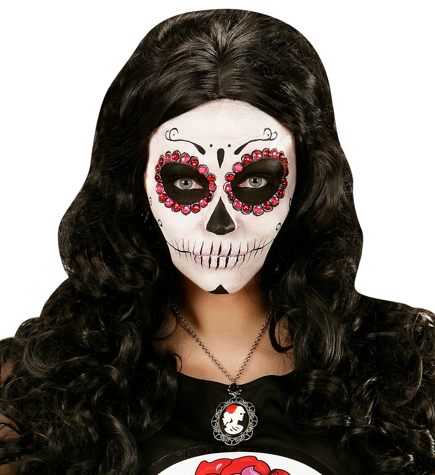 Day of the Dead Necklace with Black Rose & Skull Cameo