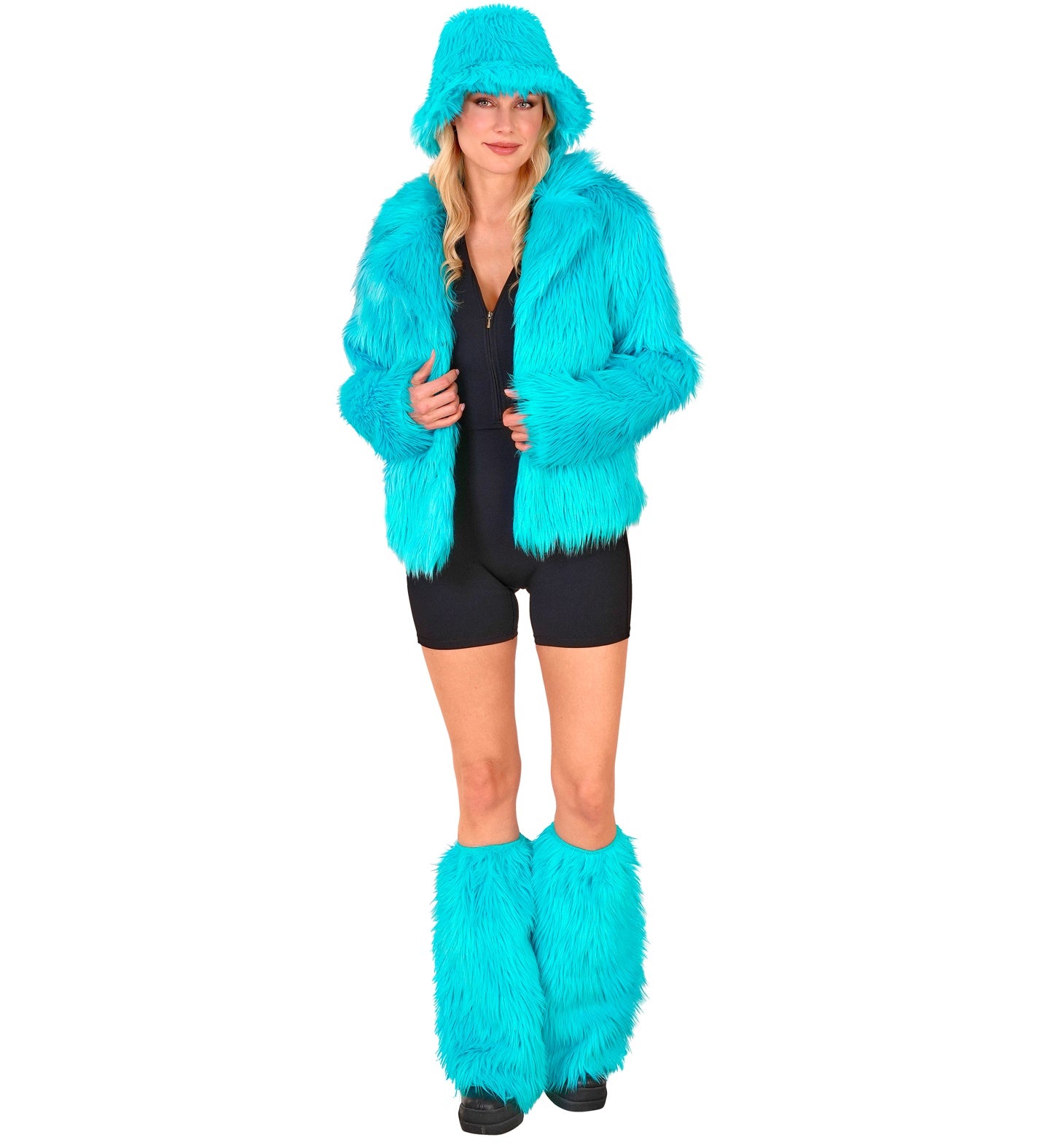 A full-length shot of a model wearing a black zippered bodysuit and shorts, styled with a vibrant neon blue fuzzy bucket hat, a matching neon blue faux fur jacket, and fluffy neon blue plush leg warmers.