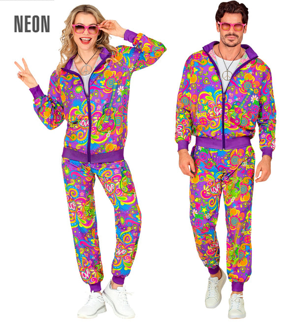 Adult Neon Flower Power Hippie Tracksuit Costume Unisex
