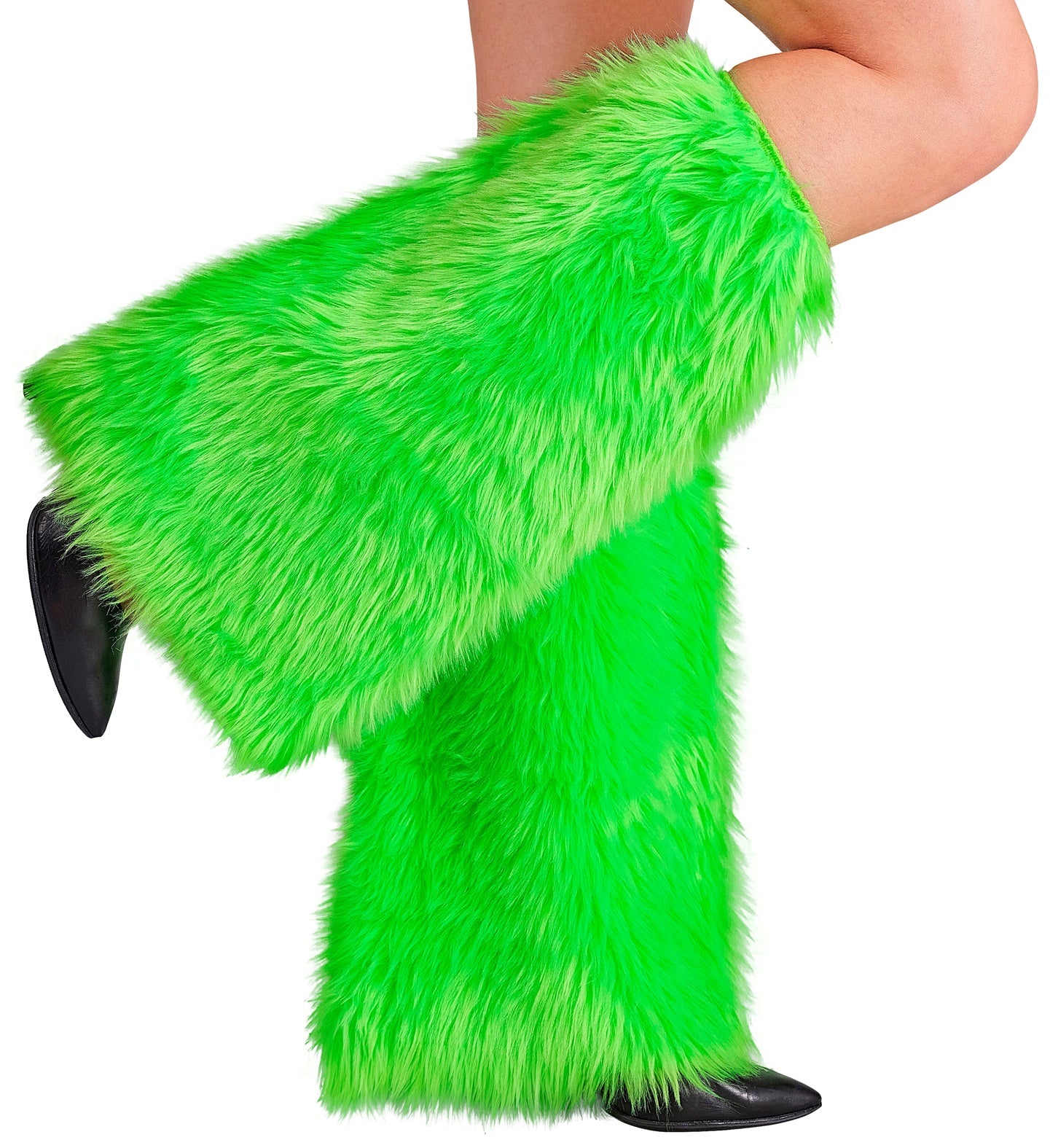 A close-up view focusing on the lower legs of a model wearing high-volume, fluffy neon green faux fur plush leg warmers layered over black pointed boots.