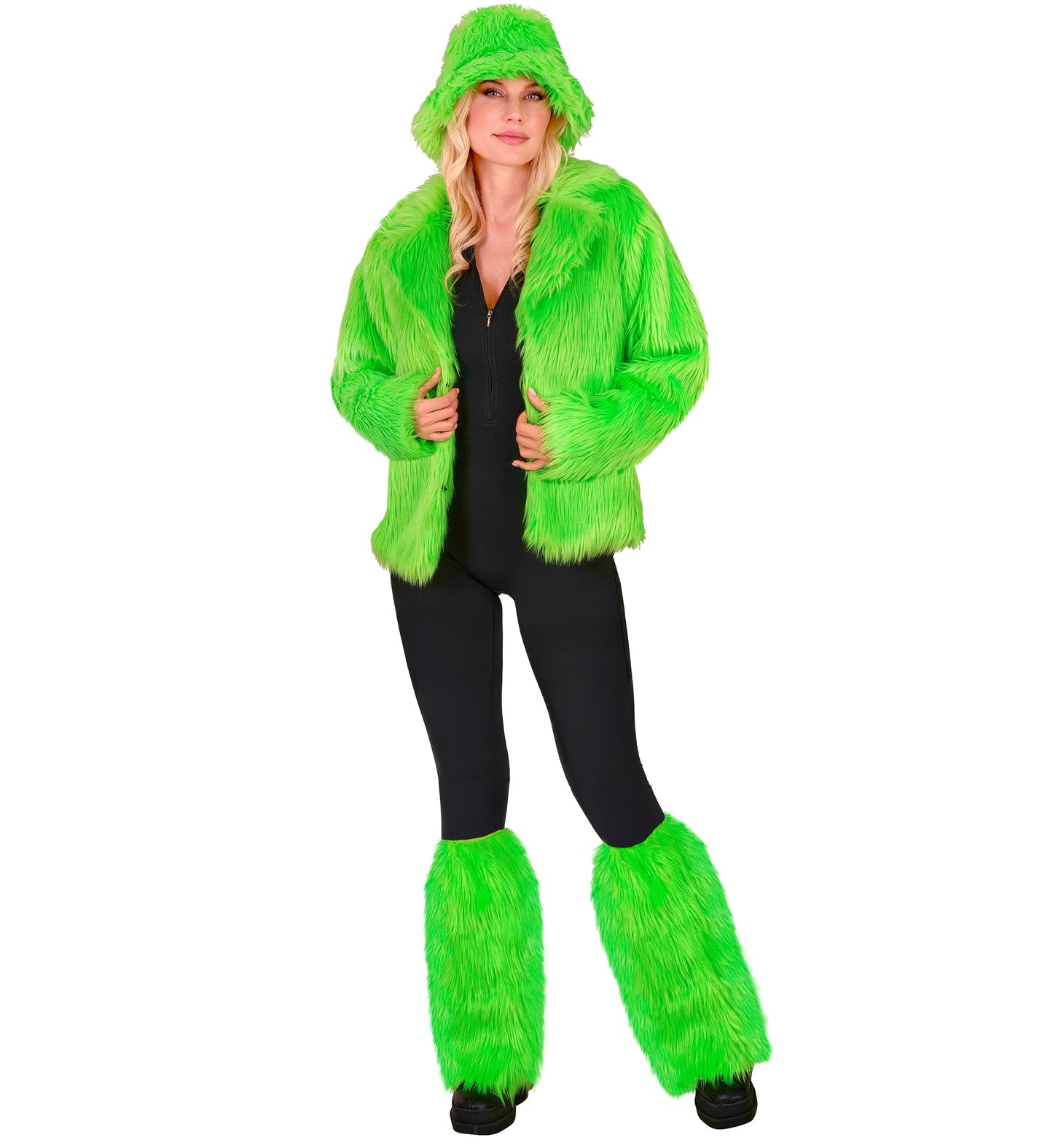 A full-length shot of a model standing confidently in a black bodysuit and long black leggings, accessorized with a matching set of ultra-fluffy neon green items including a faux fur jacket, bucket hat, and plush leg warmers.