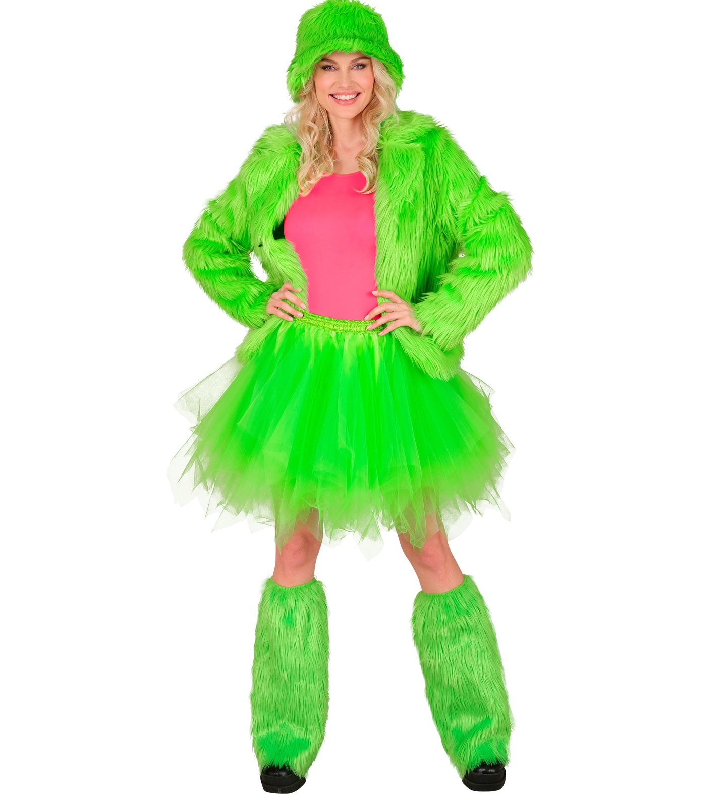 Woman in a bright green fuzzy coat and hat, paired with the neon green layered tutu skirt and matching leg warmers.
