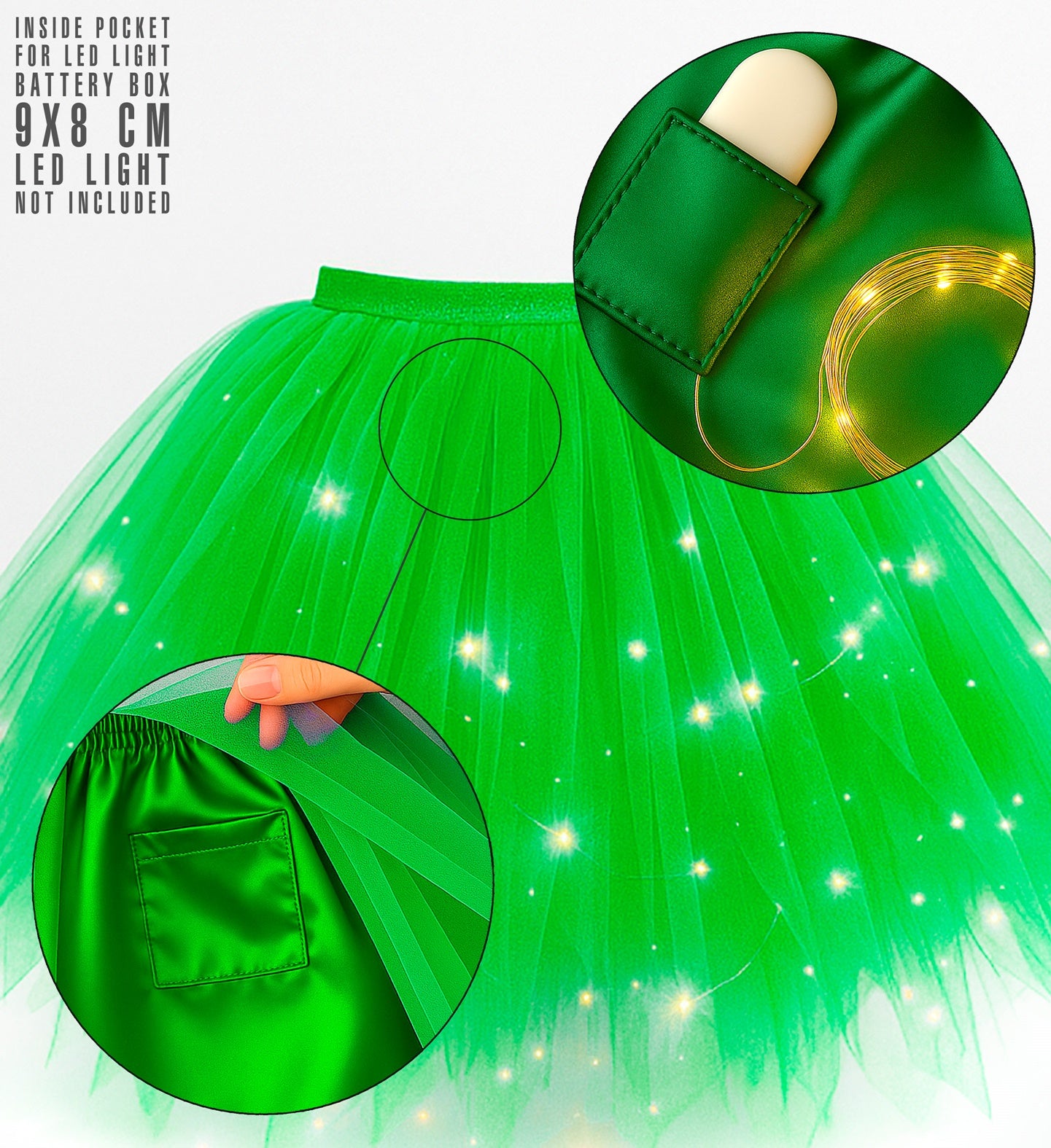 Detailed view of the neon green tutu skirt showing the inner pocket designed for an LED light battery box and an example of fairy lights woven through the tulle.