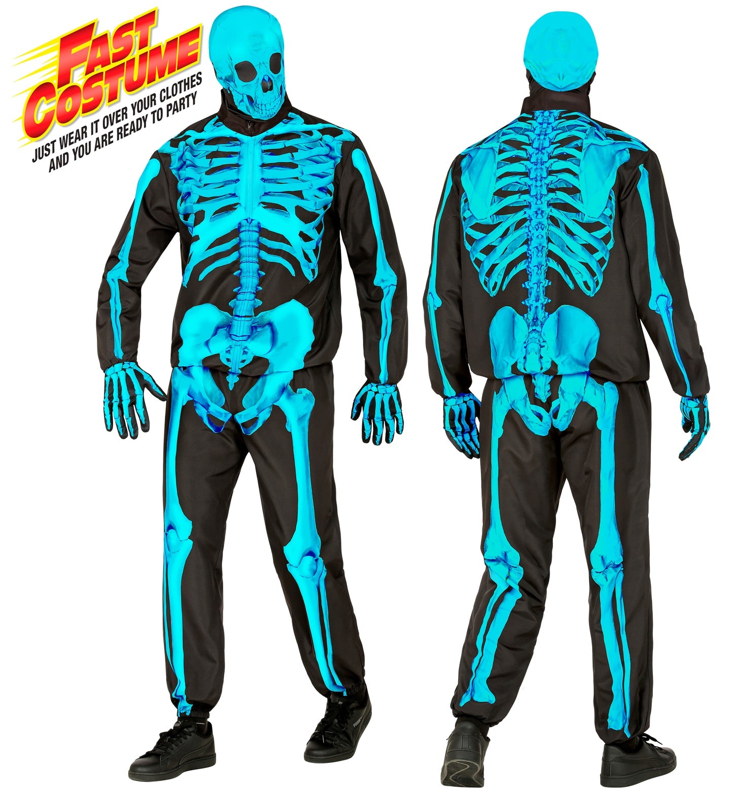 A man models a neon blue 'Fast Costume' skeleton outfit, showing the front and back print on the jacket and pants designed to be worn over clothes.