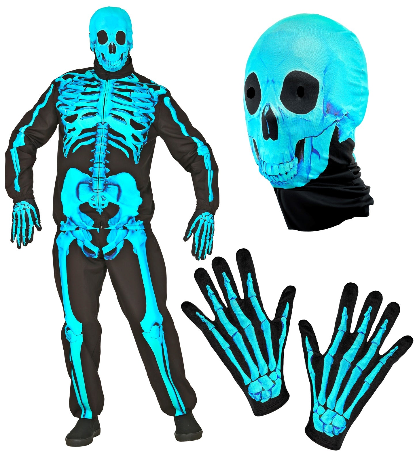 A collage showing the full adult neon skeleton costume and its included parts: a neon blue skull mask hood and a pair of matching bone-print gloves.