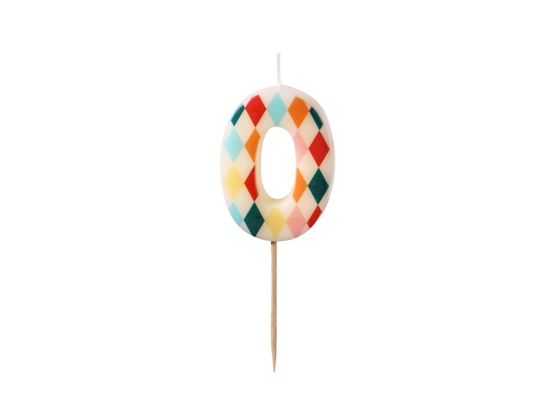 A number 0 birthday candle with a multi-colored diamond rhombus pattern on a white background