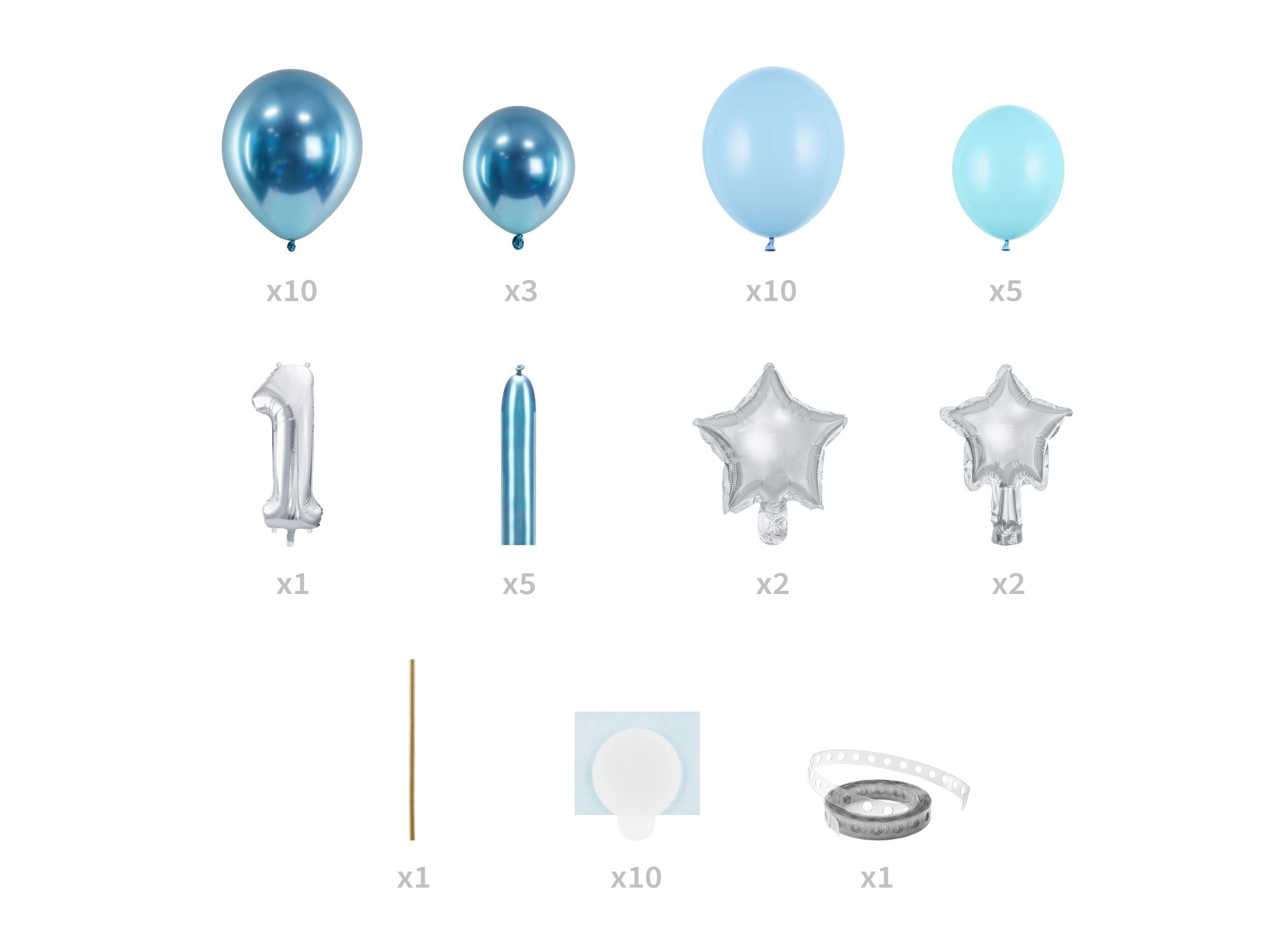 Number 1 Blue & Silver Foil Balloon Bouquet set contents