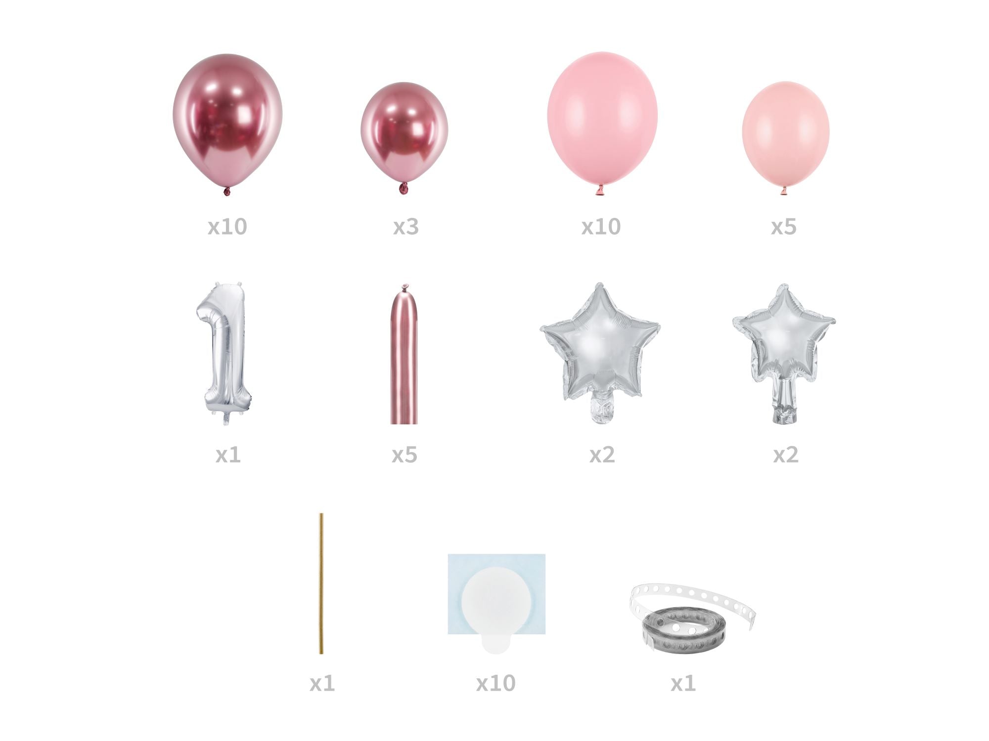 Number 1 Pink & Silver Foil Balloon Bouquet set contents