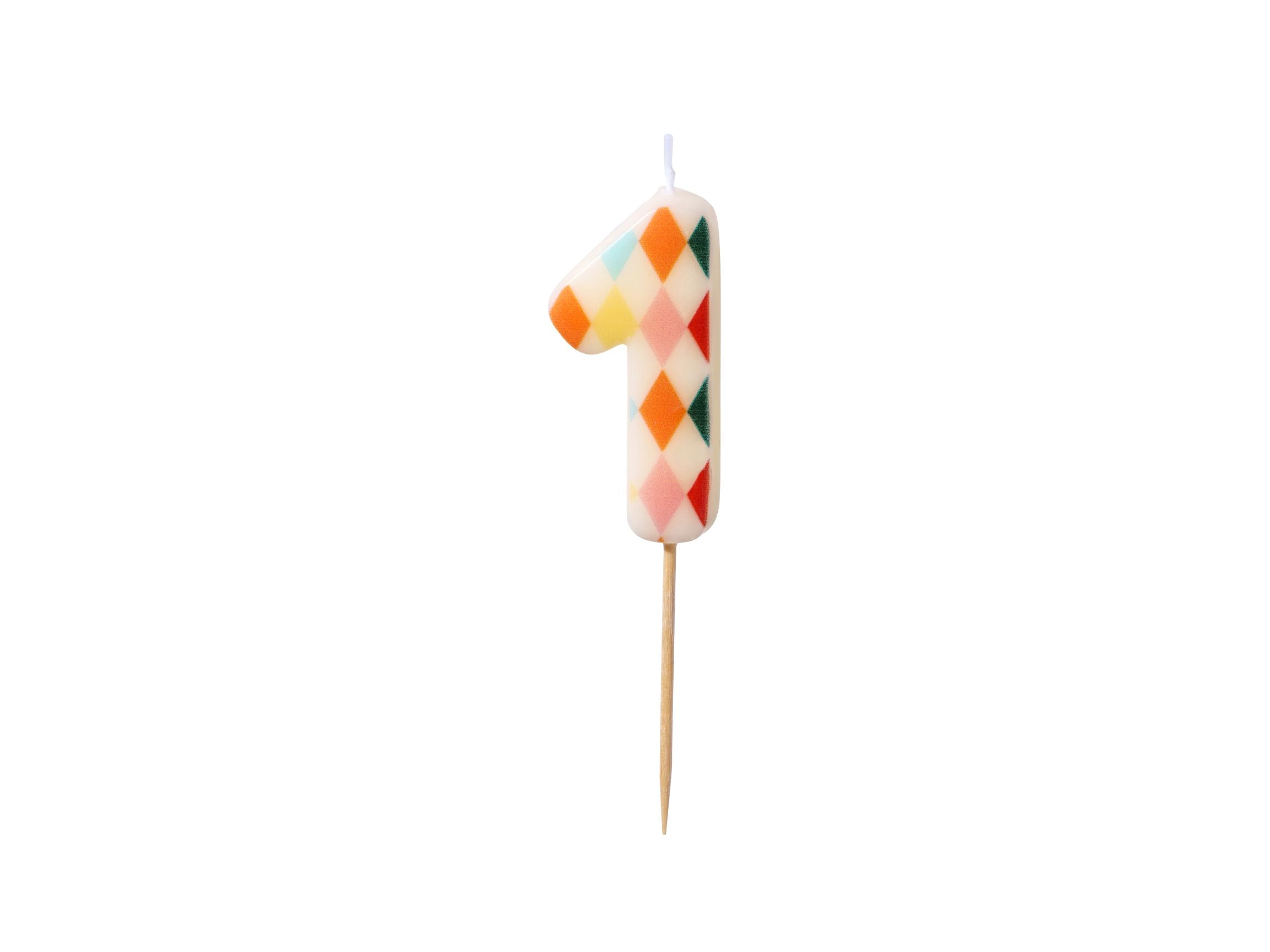 A number 1 birthday candle with a multi-colored diamond rhombus pattern on a white background.