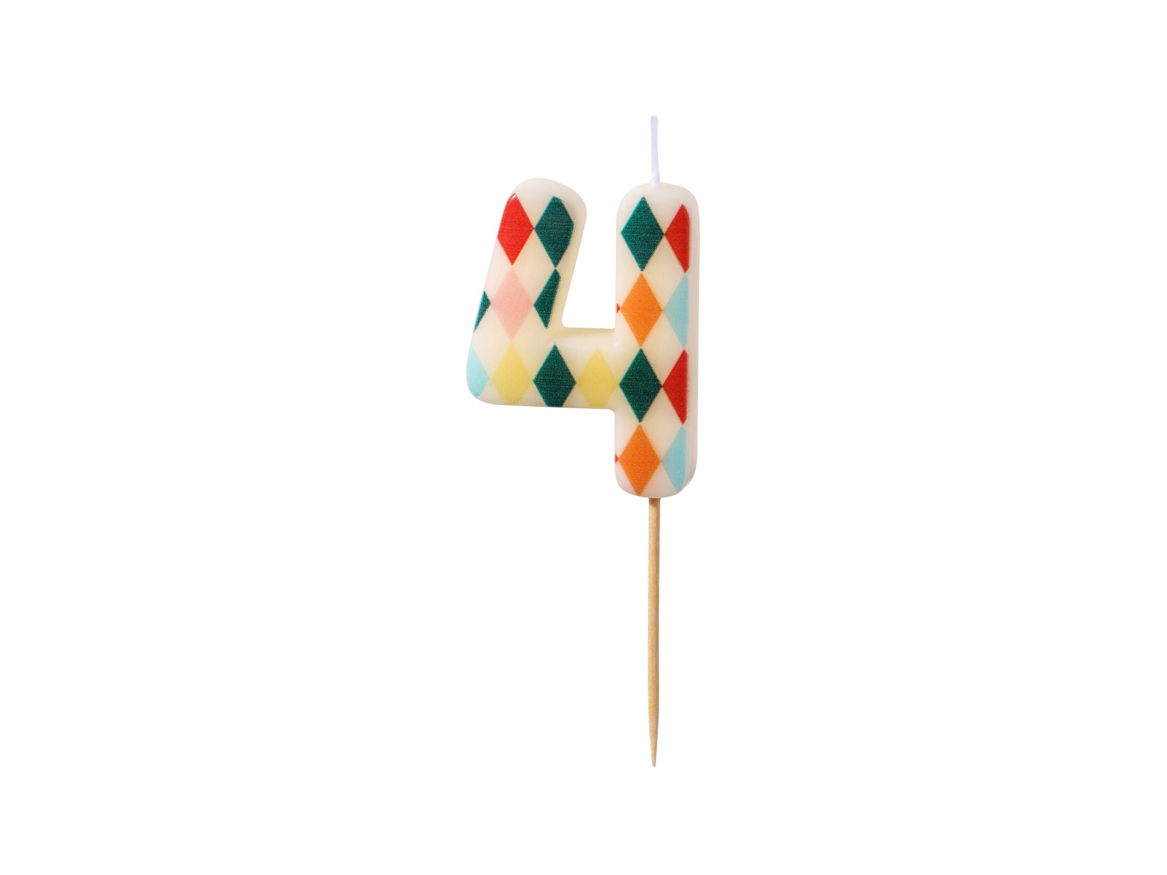 A number 4 birthday candle with a multi-colored diamond rhombus pattern on a white background.