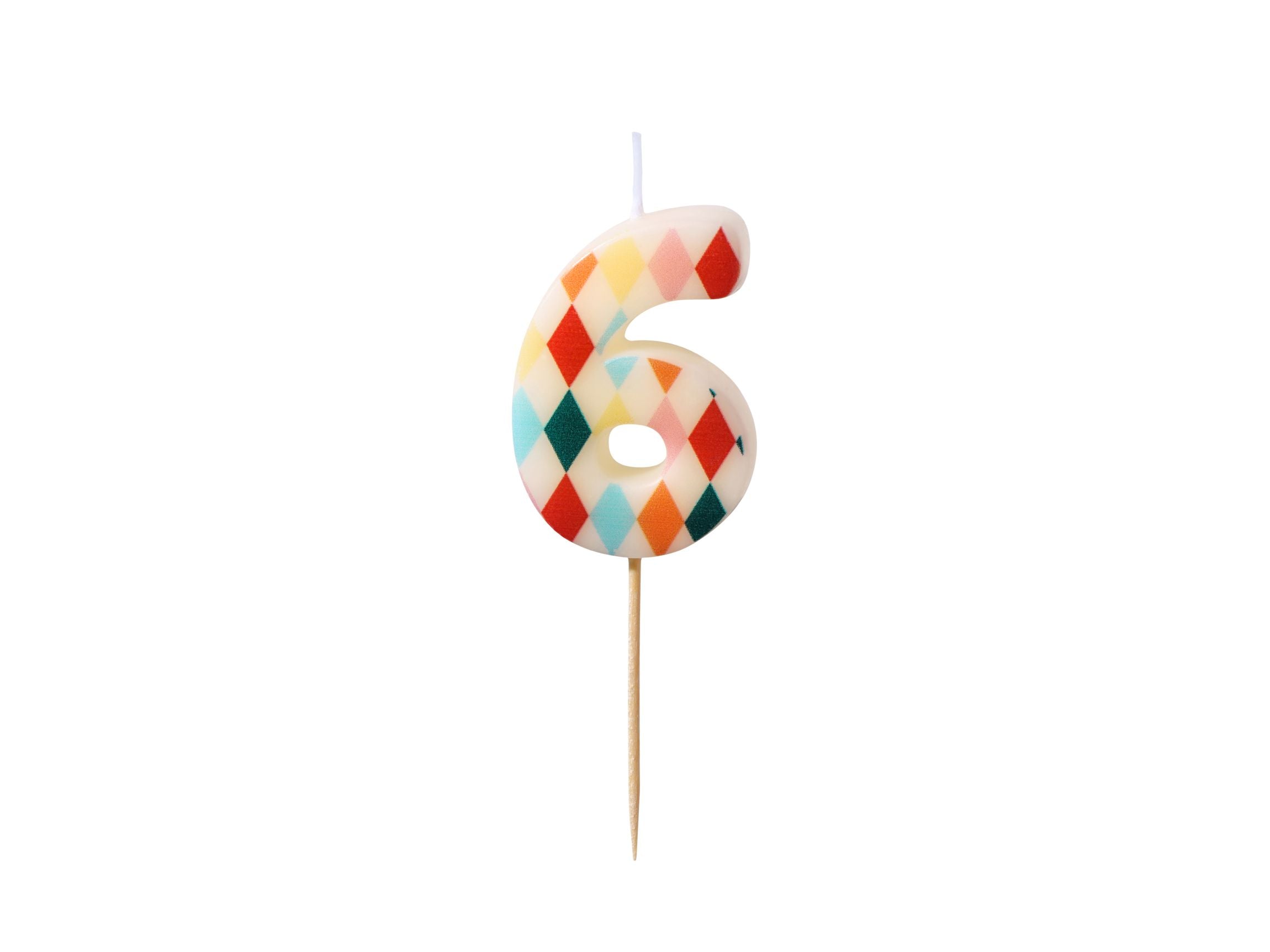 A number 6 birthday candle with a multi-colored diamond rhombus pattern on a white background.