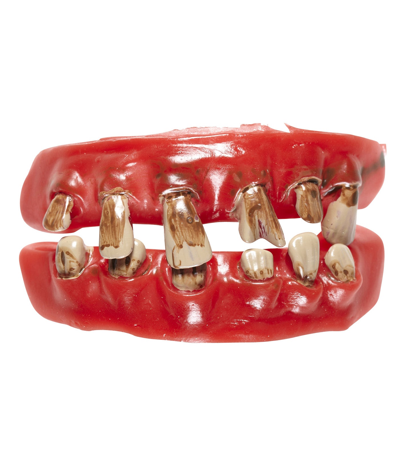 Close-up view of the fake Old Man Dentures showing the bright red gums and stained, uneven teeth for a fancy dress accessory.