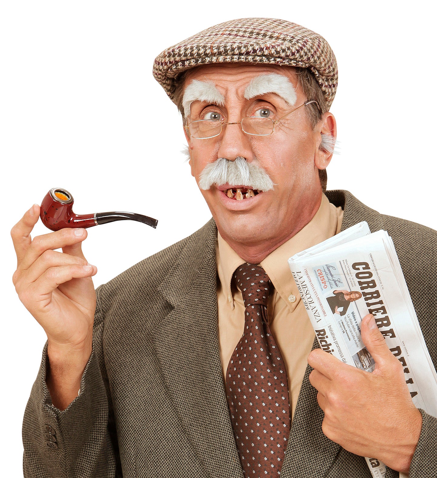 A man in a flat cap and suit wearing fake grey eyebrows and Old Man Dentures, holding a prop pipe and newspaper.