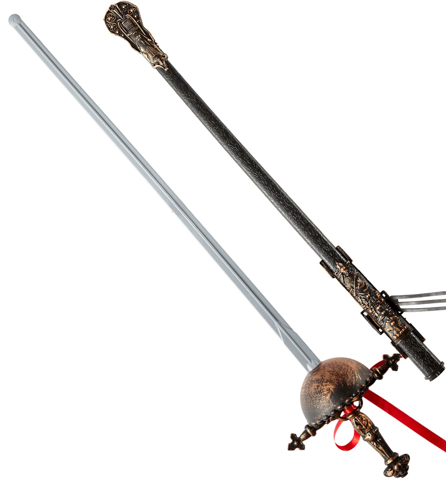 A product view showing a silver toy fencing sword with an ornate bronze dome hilt and red ribbon, alongside its matching black plastic scabbard decorated with intricate antique-bronze relief patterns.