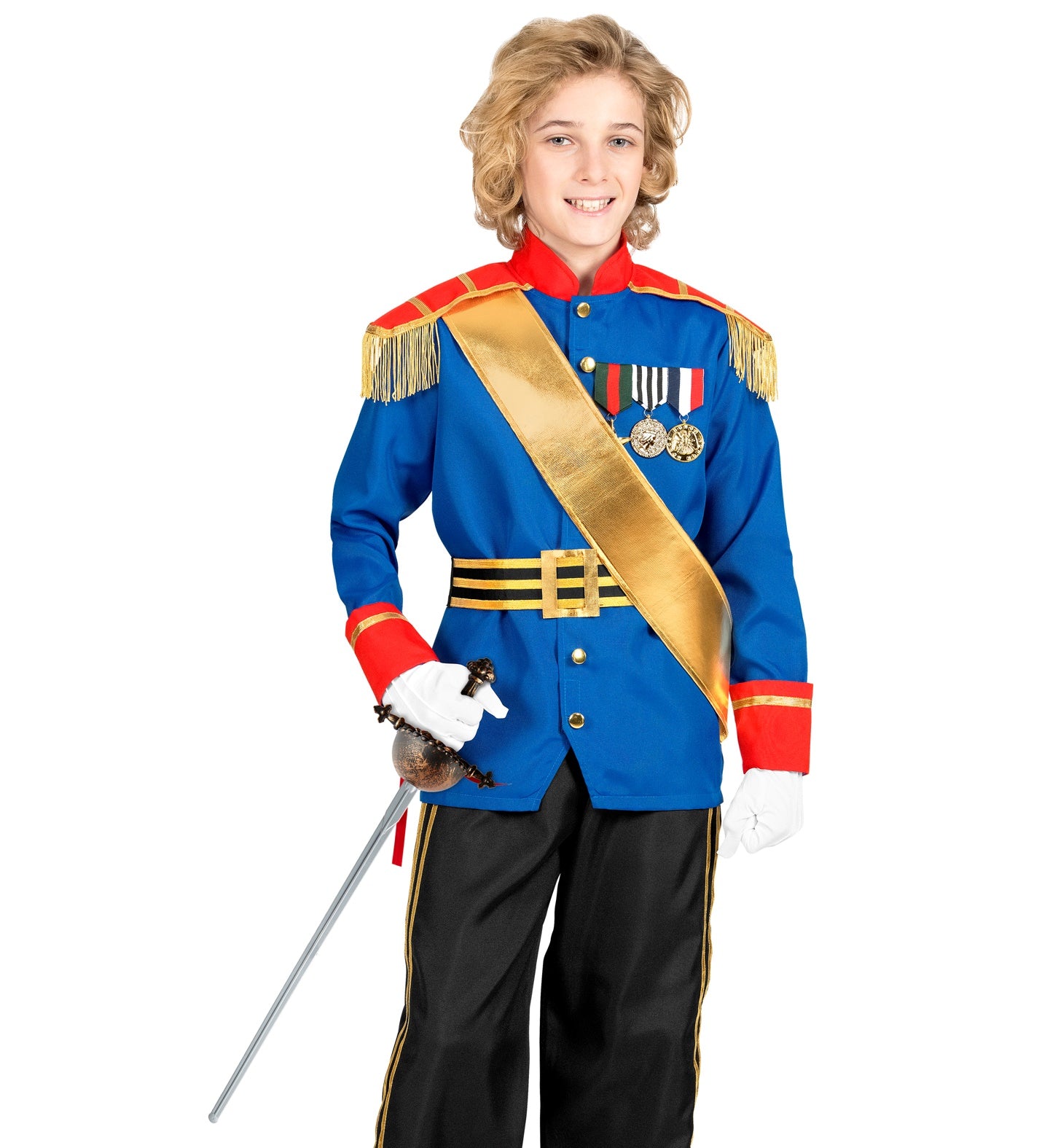 A model dressed as a royal prince in a bright blue military uniform with gold epaulets and medals, holding an old-time silver fencing sword prop by its ornate hilt.