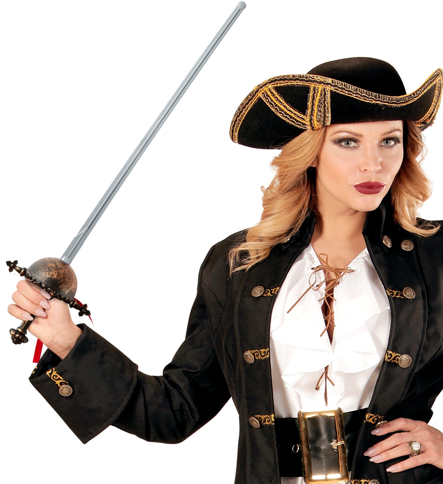 A close-up of a female model in a black decorated pirate coat and tricorn hat, holding a long silver plastic fencing sword with a bronze antique-style hand guard.