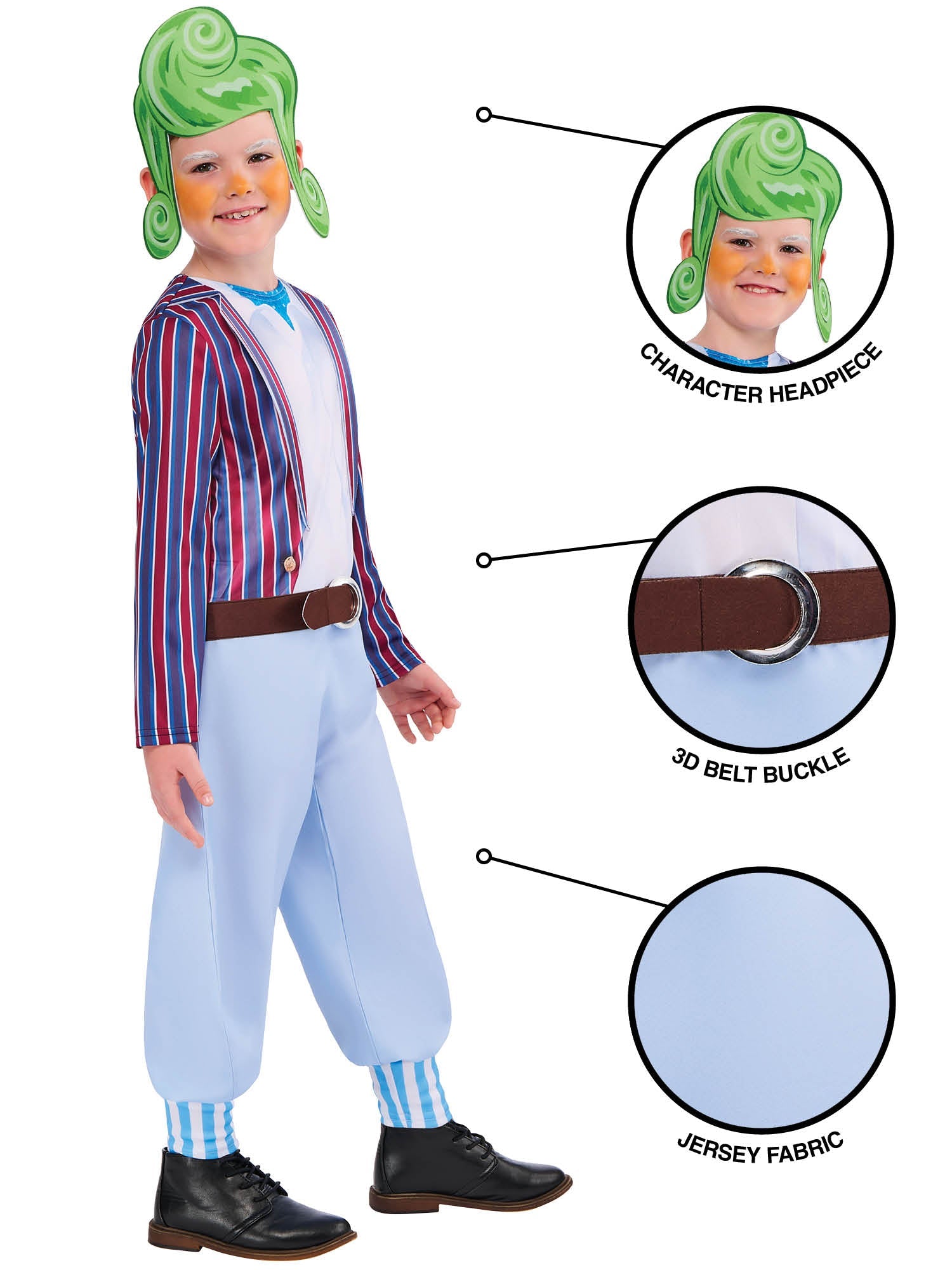 Close-up of the Oompa Loompa costume highlighting the red bowtie, 3D belt buckle, and character headpiece.