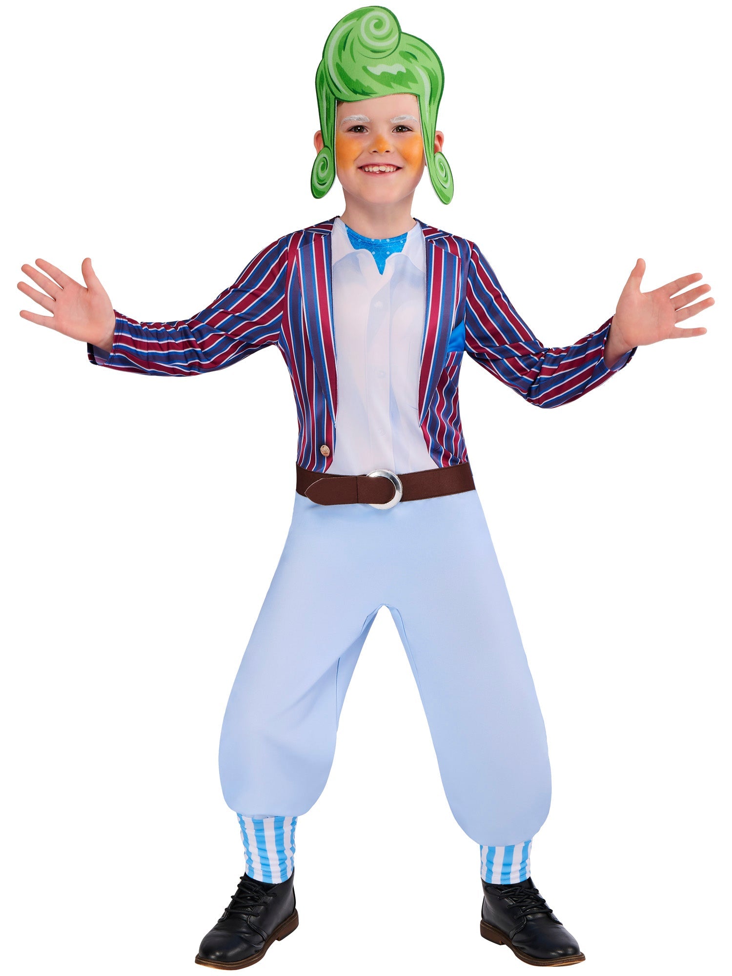 A happy child posing with arms wide in a Willy Wonka Oompa Loompa outfit, ready for a factory adventure.