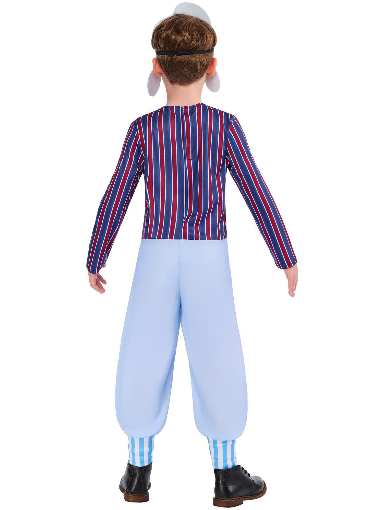 The back of the child's Oompa Loompa costume showing the striped jacket pattern and easy hook-and-loop fastening.