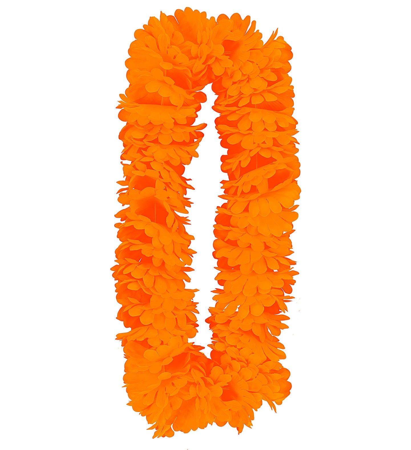 A single, brightly colored orange Hawaiian lei, made of numerous layered fabric petals, displayed vertically against a white background.