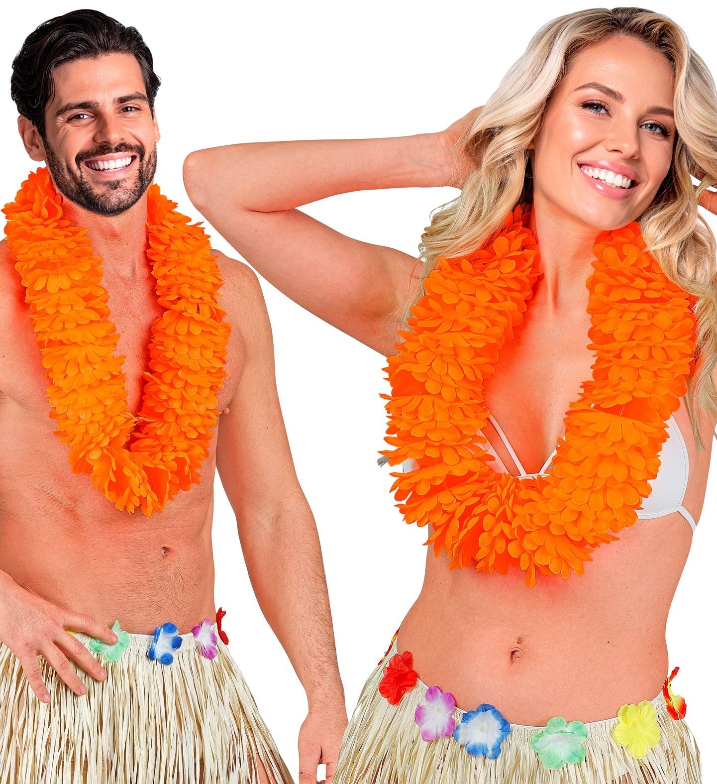 Two smiling individuals, dressed in hula-style costumes, both adorned with a vibrant orange Hawaiian lei around their necks, against a plain white background.