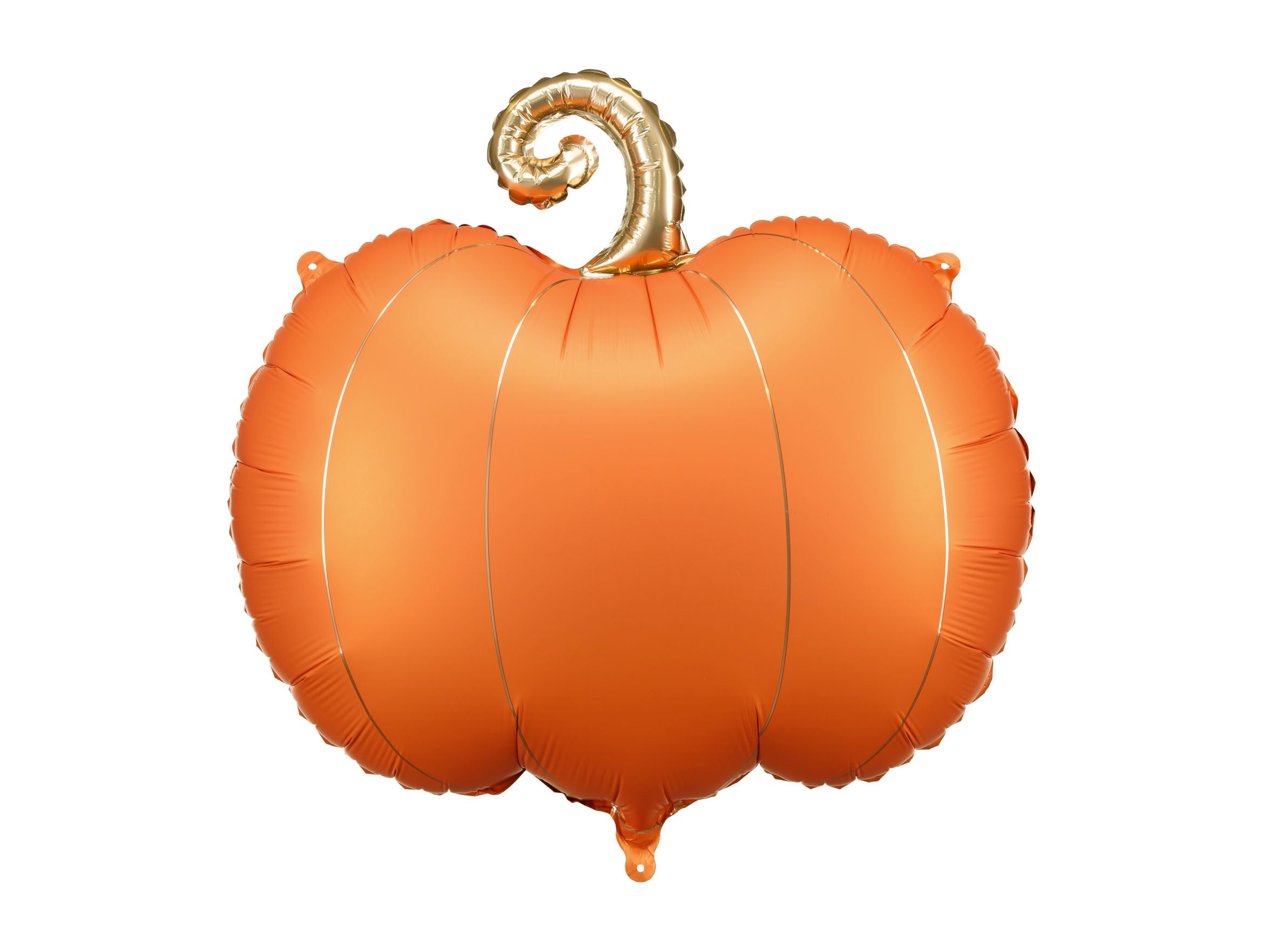 A large, inflated foil balloon shaped like a pumpkin, in a vibrant orange color with metallic golden vertical lines and a golden curly stem, isolated on a white background.