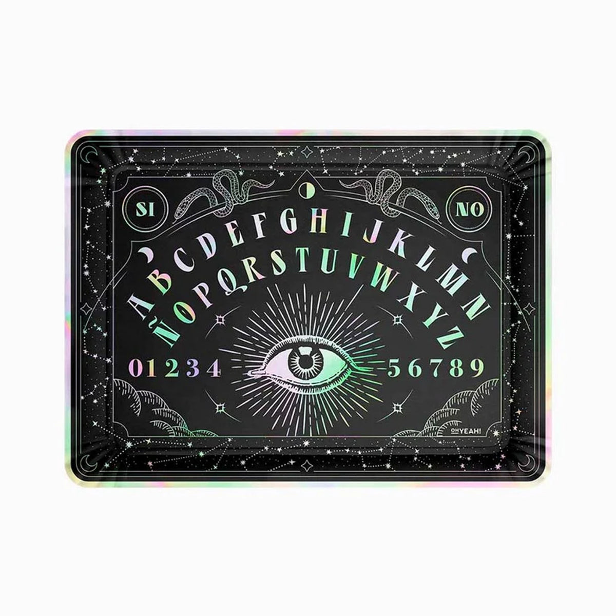 A rectangular black Halloween party serving tray platter featuring a classic Ouija board design with white lettering, numbers 0-9, a central eye illustration, and decorative borders. The board has a subtle iridescent rainbow edge and is photographed against a plain white background.