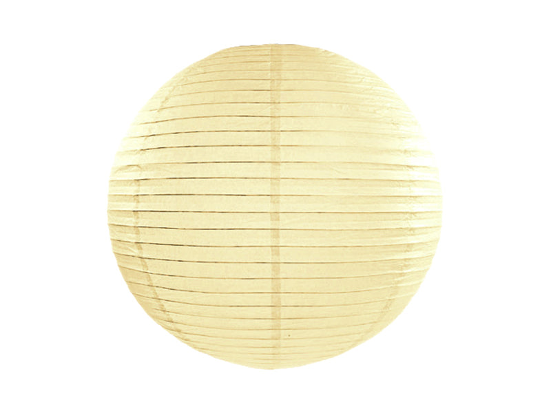  A single, spherical cream-colored paper lantern with visible horizontal ribs, isolated on a white background.
