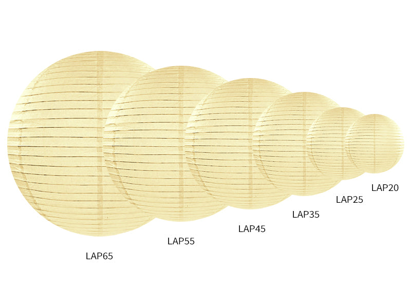 A series of five cream-colored paper lanterns of varying sizes, arranged from largest to smallest, labeled LAP65, LAP55, LAP45, LAP35, LAP25, and LAP20, illustrating different dimensions, all on a white background.