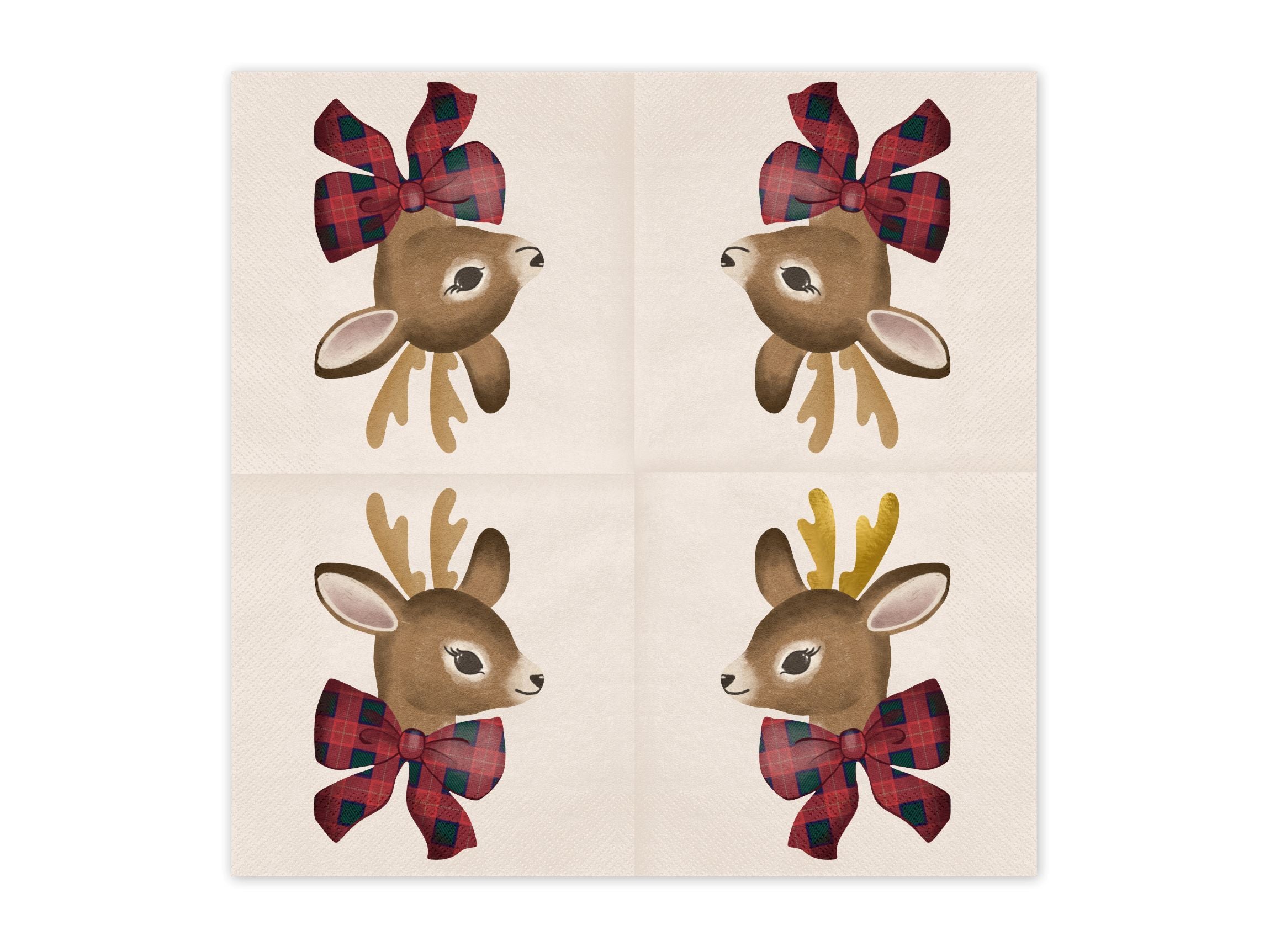 A four-quadrant view of the patterned paper napkins featuring the festive deer head design.