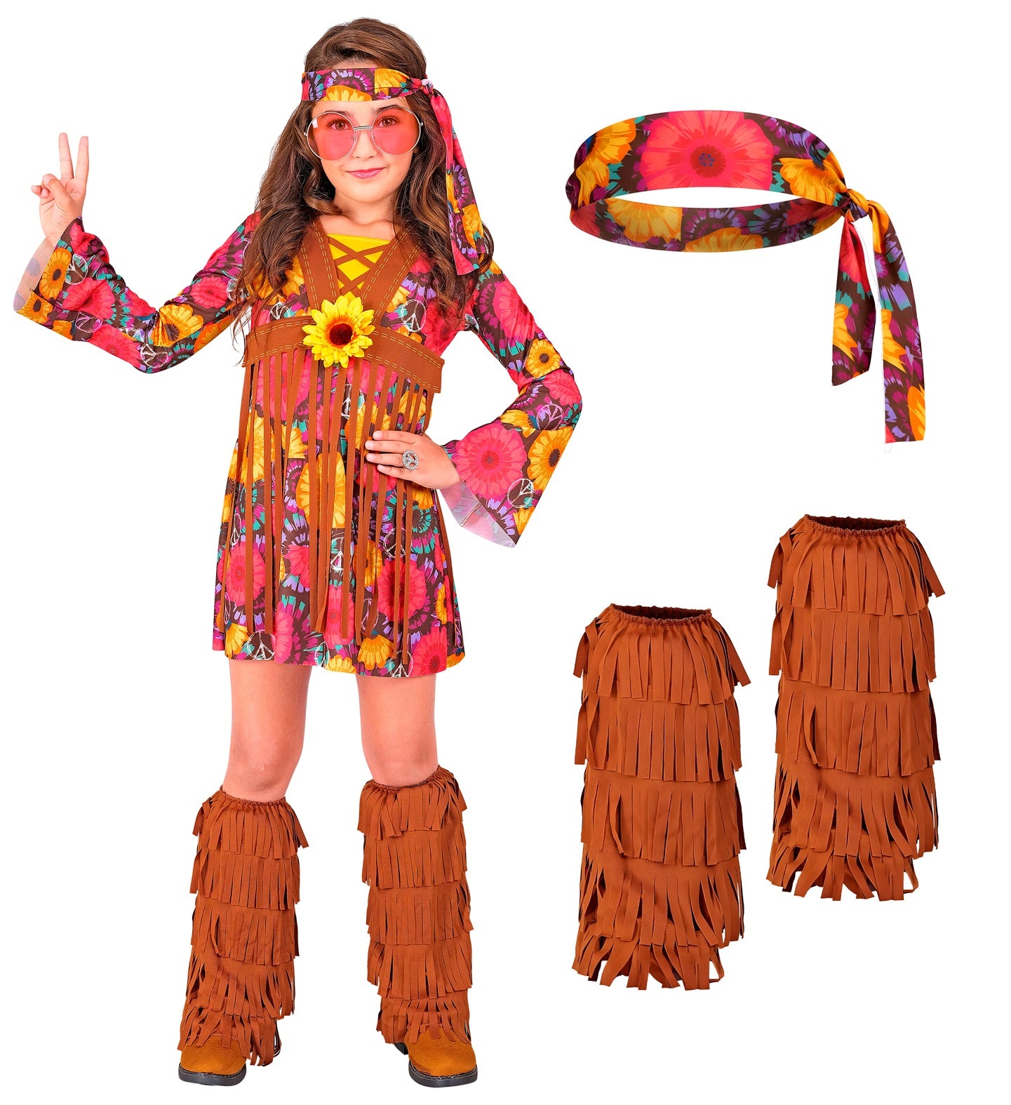 Complete hippie costume set for kids including dress, floral headband, and brown fringe boot covers.