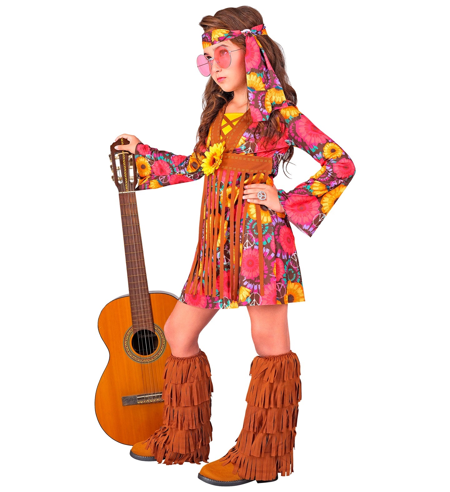 A young girl in a hippie costume holding a guitar and wearing pink retro sunglasses.